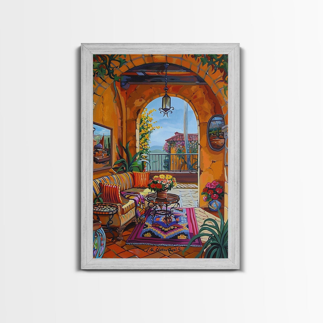 Spanish Villa With Cactus And Flowers Framed Canvas Print Rustic Home Decor Best Gift Idea Bright Courtyard Seasonal Wall Art