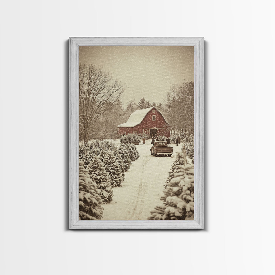 Snowy Farmhouse Christmas Scene with Red Barn and Vintage Truck, Perfect for Framed Canvas Print and Rustic Christmas Wall Art