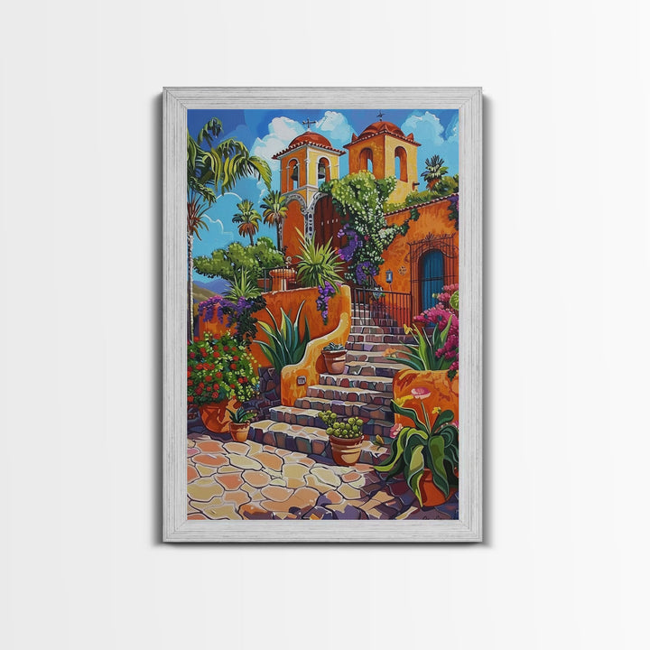 Spanish Mission With Palm Trees And Flowers Framed Canvas Print Colorful Home Decor Best Gift Bright Seasonal Art Above Sofa Wall Art