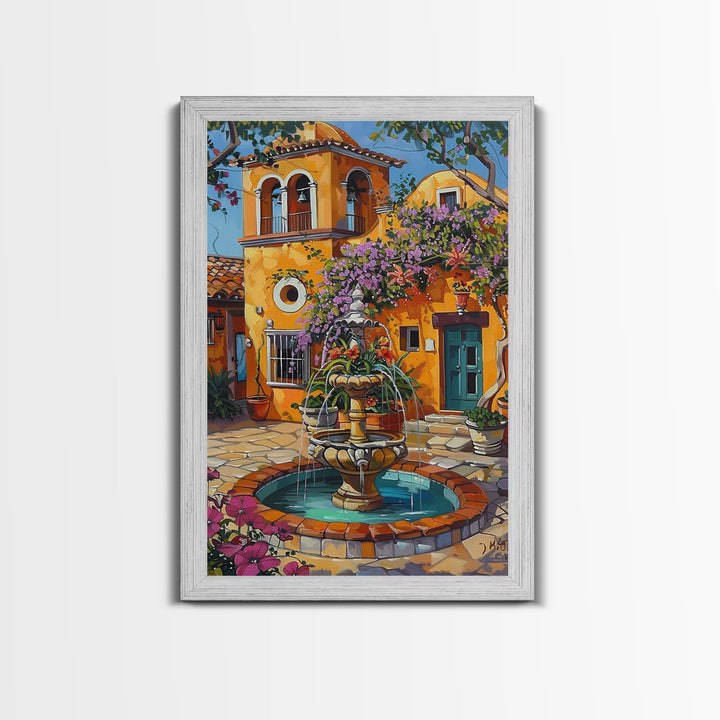 Tall Art Framed Canvas Print Featuring Mexican Style Courtyard Fountain And Vibrant Architecture