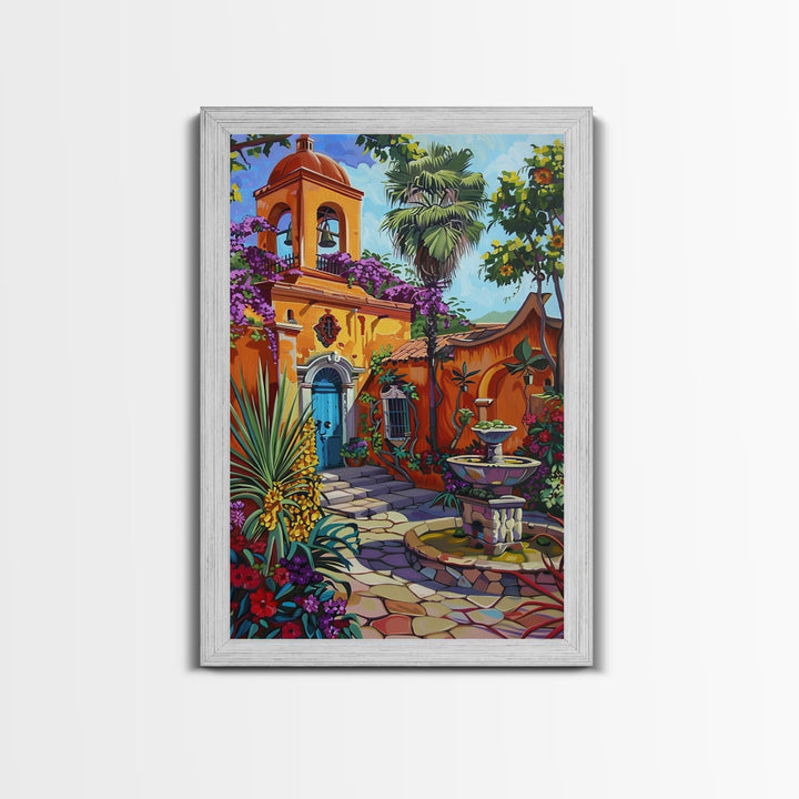 Vibrant Mexican Style Architecture Framed Canvas Print Tall Art Featuring Colorful Homes And Nature