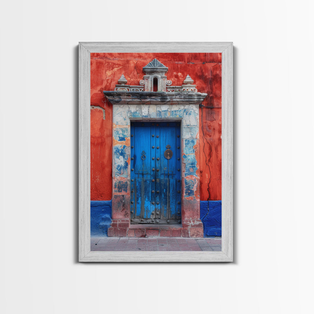 Tall Art Framed Canvas Print Of Mexican Style Blue Door And Red Walls With Vibrant Flowers