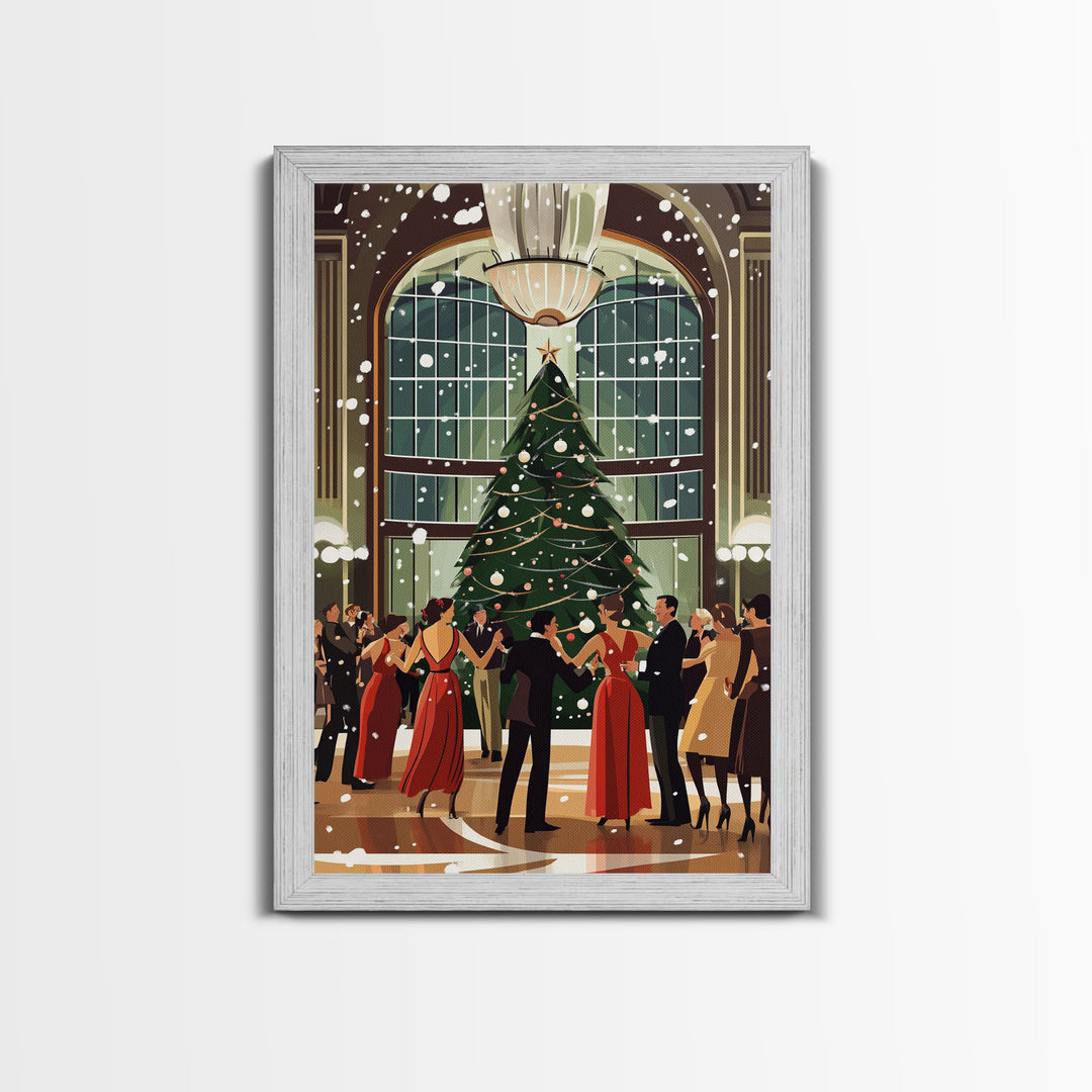 Vintage Christmas Dance in Grand Hall with Snow Falling and Large Decorated Christmas Tree, Ideal Holiday Art, Framed Canvas Print