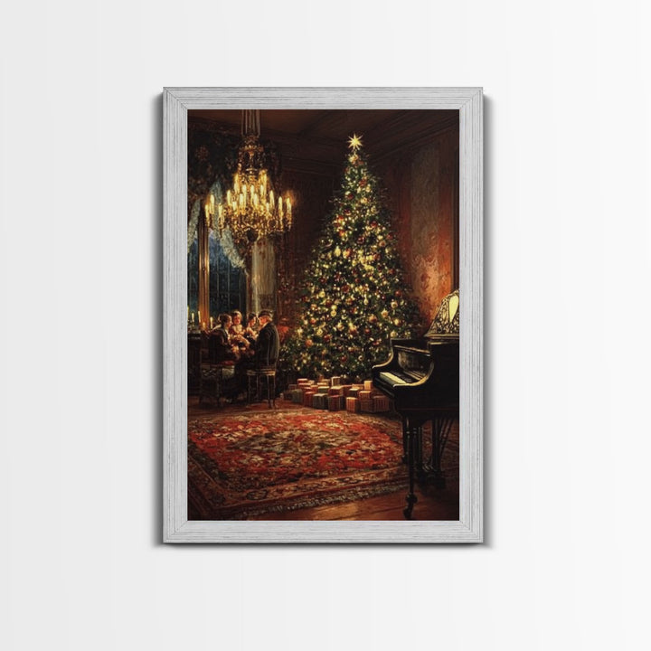 Vintage Victorian Christmas Tree Framed Canvas Print Tall Art With Grand Piano And Family Gathering, Elegant Christmas Wall Art Decor