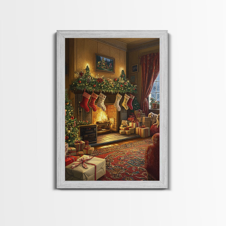 Cozy Christmas Mantle Decor Framed Canvas Print With Stockings Hanging And Presents By The Fire, Seasonal Holiday Wall Art Farmhouse Style