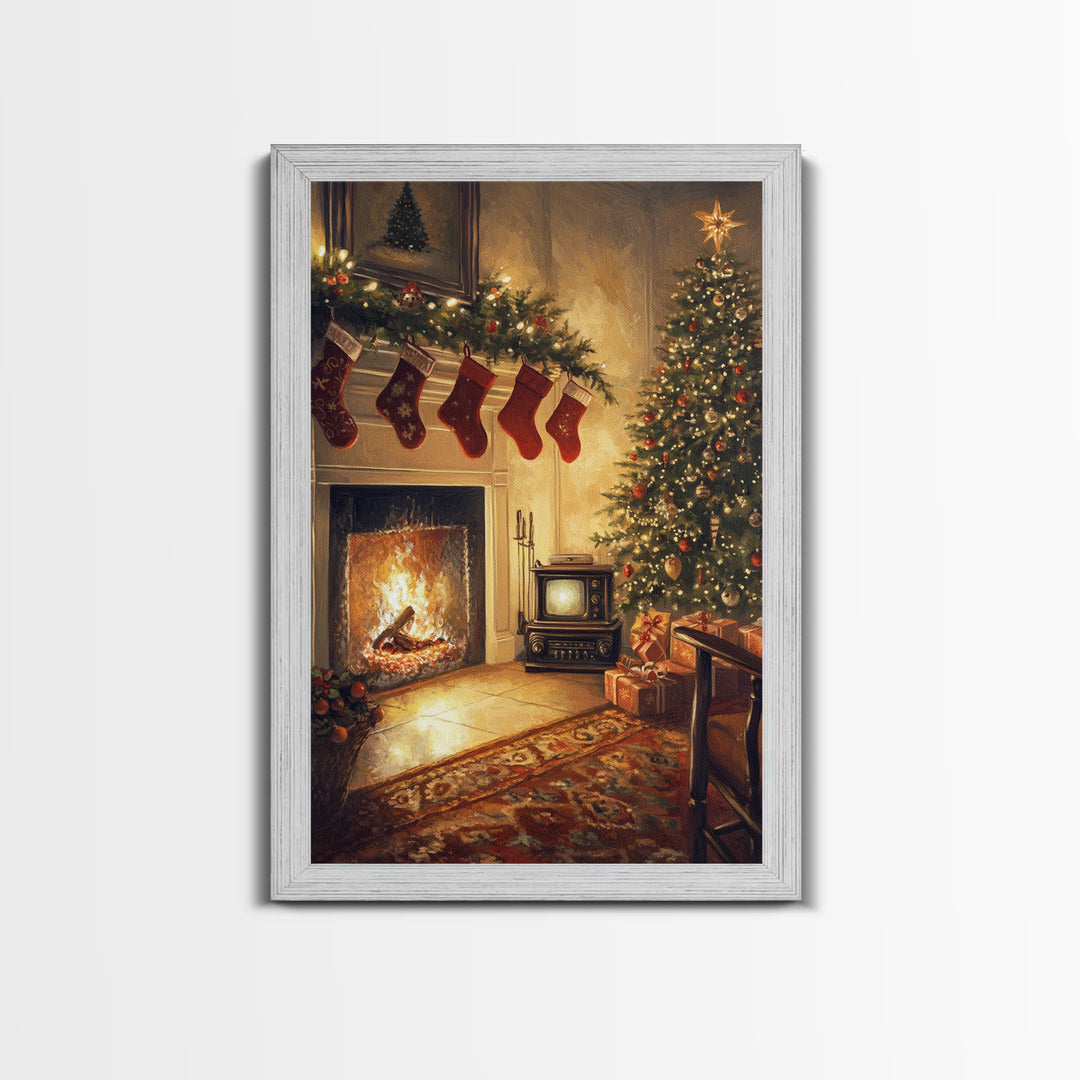 Nostalgic Christmas Living Room Scene Framed Canvas Print With Vintage Fireplace And Tree, Warm Holiday Wall Art Christmas Decor