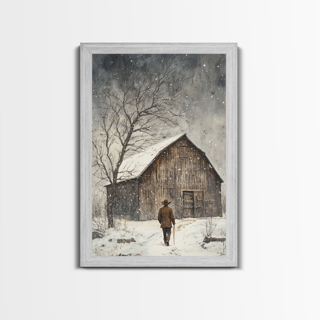 Winter Barn Snow Scene Framed Canvas Print - Moody Landscape Art Perfect Gift Idea 2024 Farmhouse Rustic Winter Wall Decor