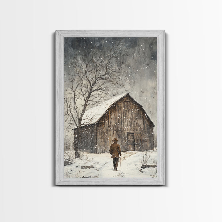 Winter Barn Snow Scene Framed Canvas Print - Moody Landscape Art Perfect Gift Idea 2024 Farmhouse Rustic Winter Wall Decor