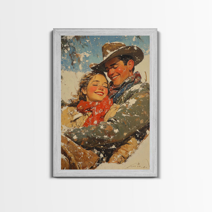 Snowy Couple Embrace Framed Canvas Print - Retro Christmas Art 2024 Holiday Home Decor Gift Idea for Cozy Winter Wall Art