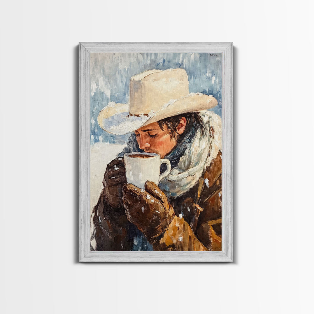 Cowboy Drinking Hot Cocoa Framed Canvas Print - Cozy Winter Wall Art 2024 Rustic Christmas Decor and Gift Idea