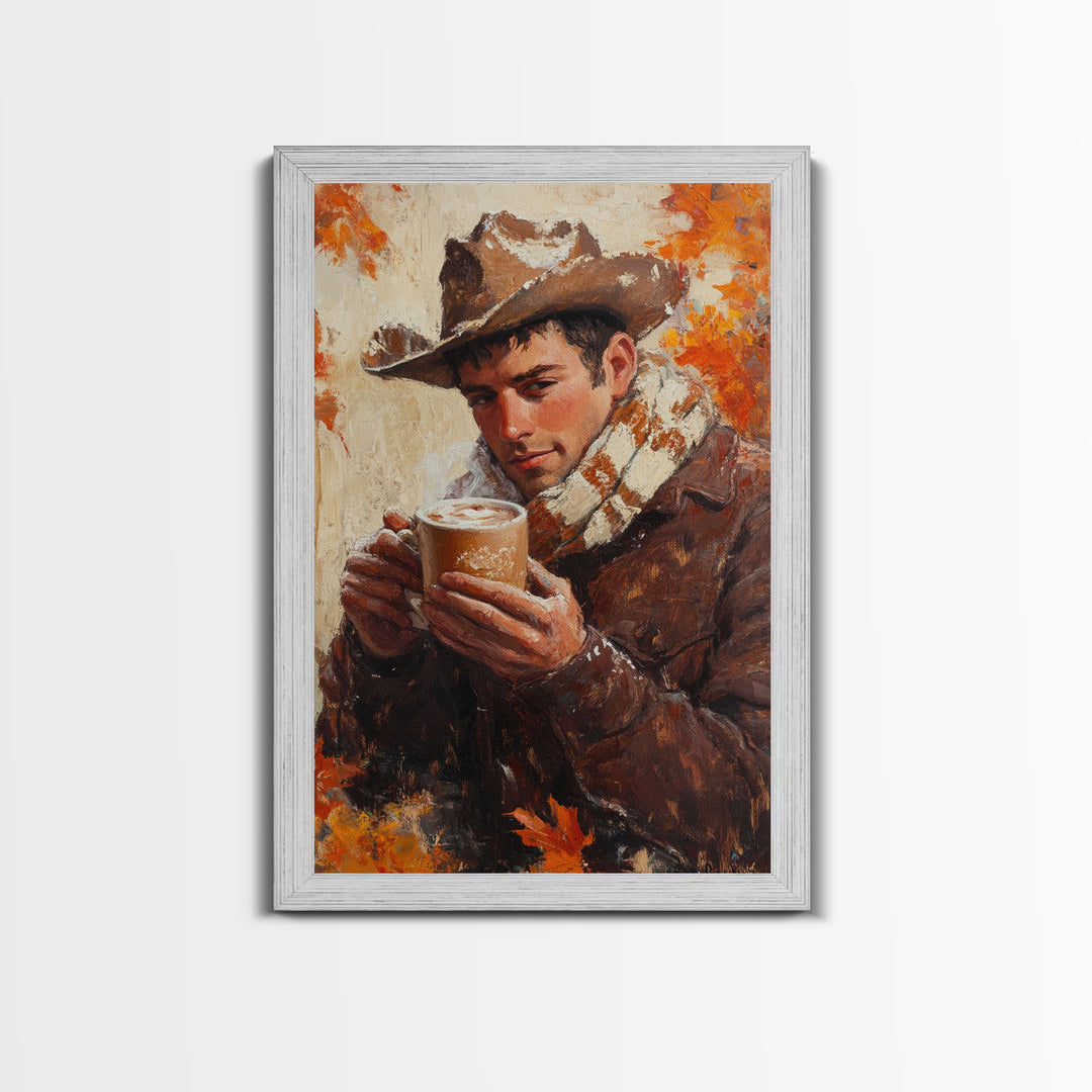 Cowboy with Coffee Mug in Autumn Framed Canvas Print - Fall Country Wall Art 2024 Rustic Home Decor and Gift Idea