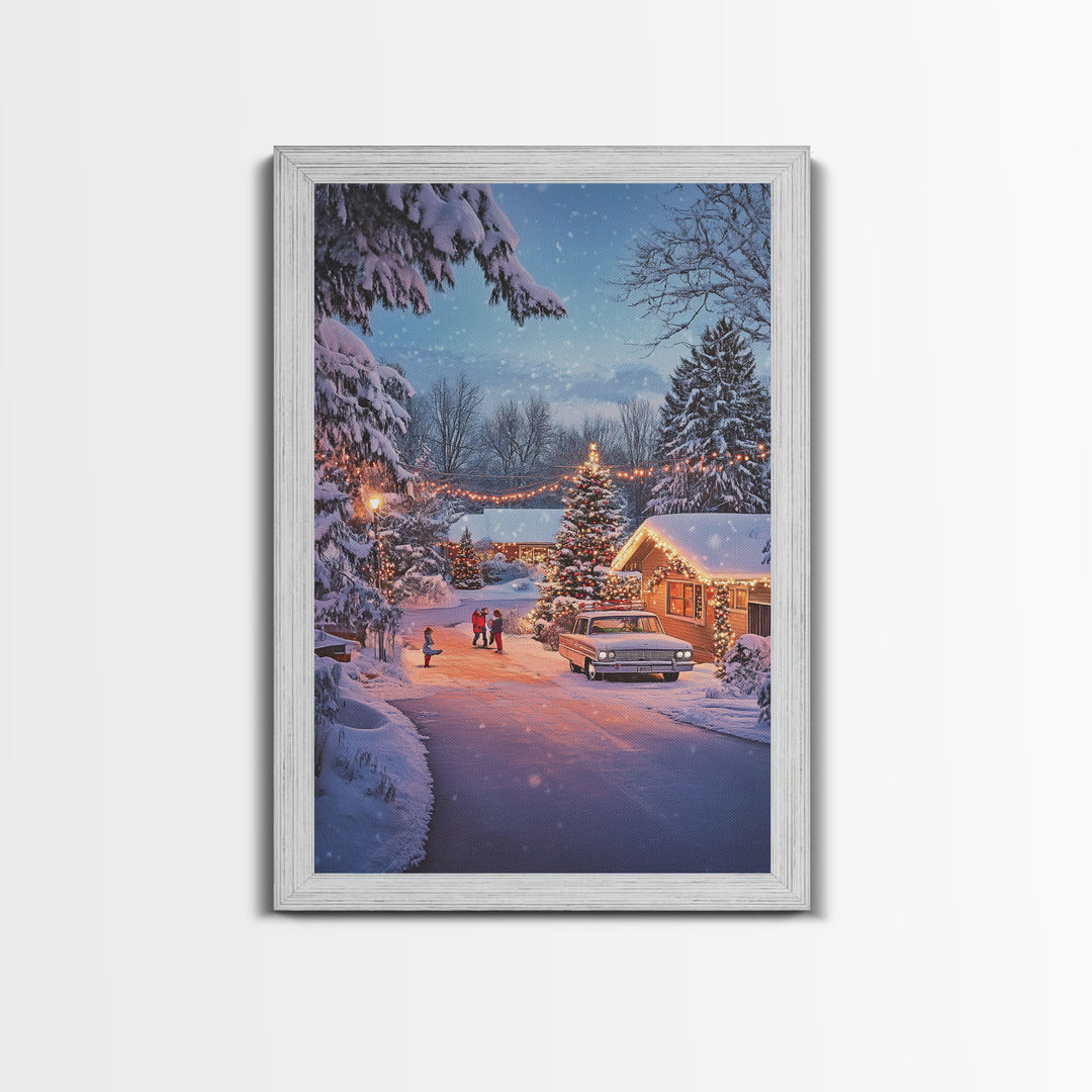 Classic Winter Christmas Neighborhood Framed Canvas Print Tall Art With Lights And Christmas Tree, Holiday Wall Art Home Decor