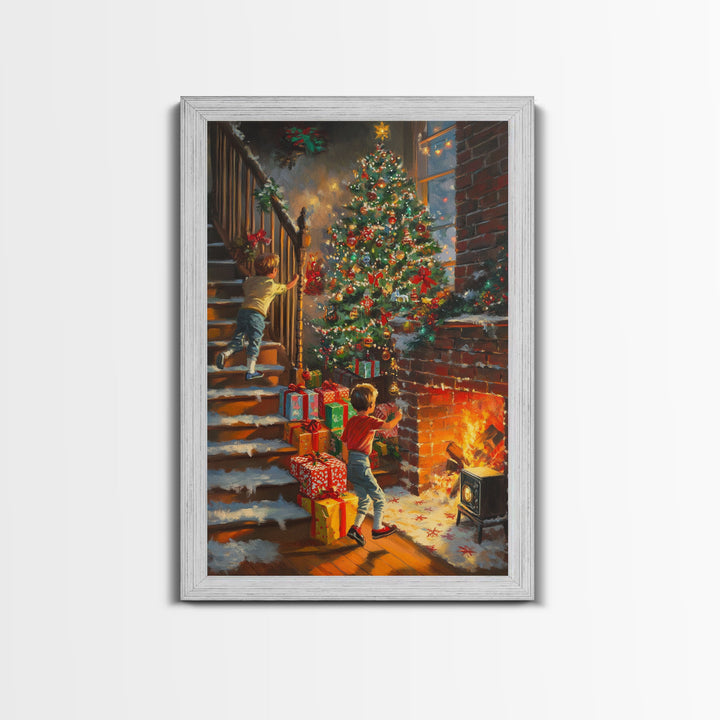 Children Hanging Stockings By The Fireplace Framed Canvas Print Tall Art With Christmas Tree, Nostalgic Christmas Wall Art Holiday Decor