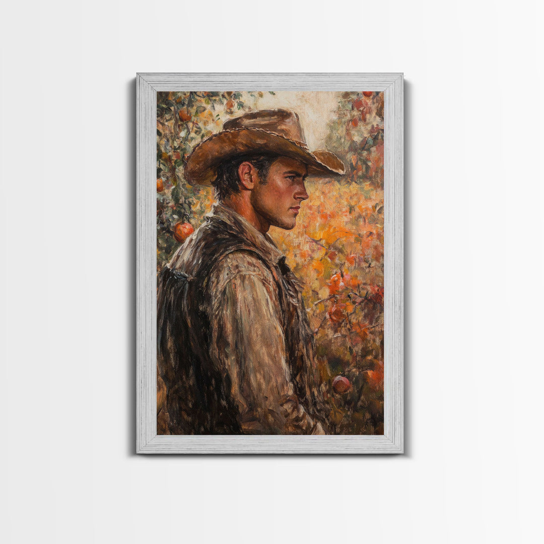 Thoughtful Cowboy in Orchard Canvas Print with Fall Colors, Rustic Western Art, Autumn Decor Gift, Vintage Wall Art, Large Canvas Print