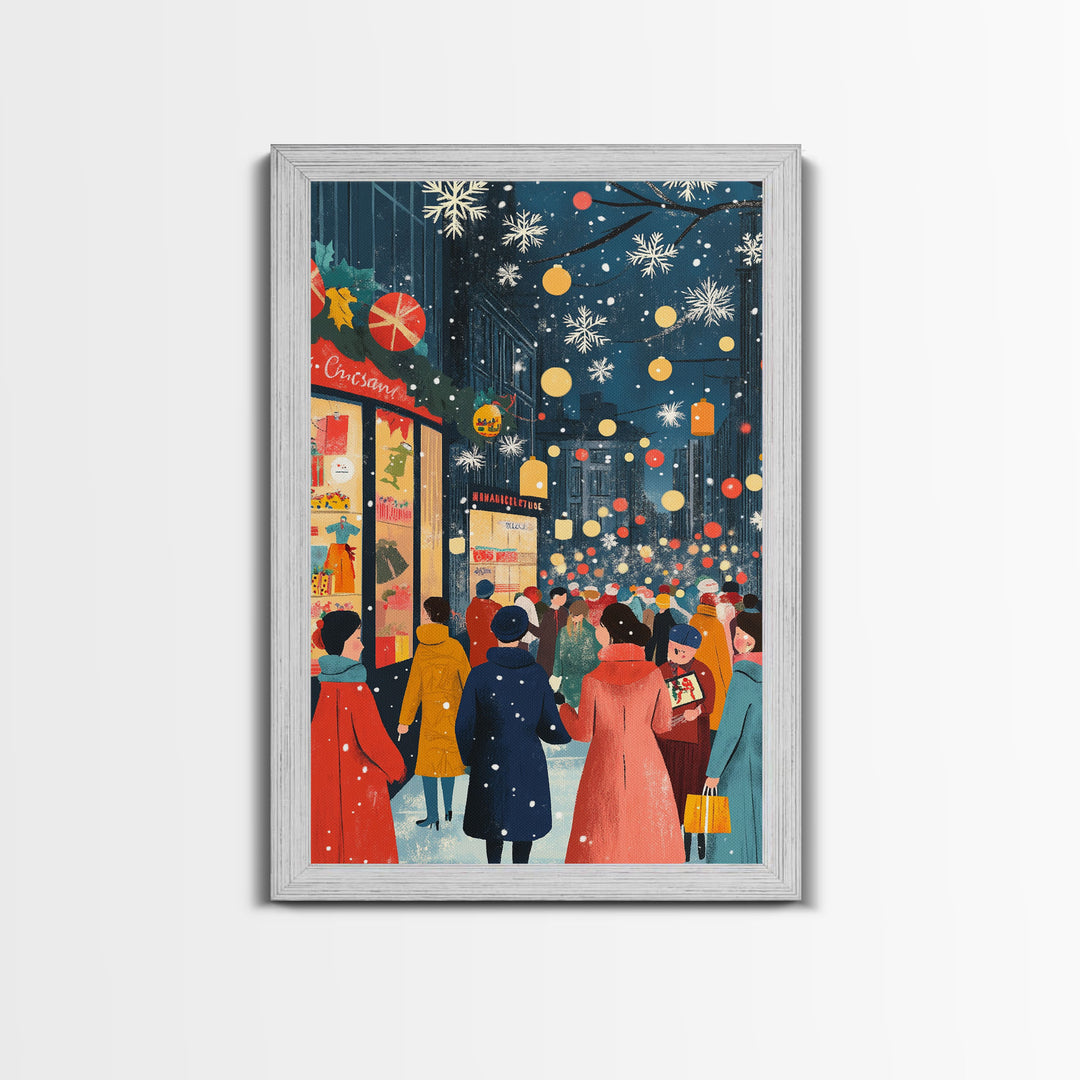 Retro City Christmas Shopping Scene Framed Canvas Print Tall Art With People In Coats And Snow, Vintage Holiday Wall Art Decor