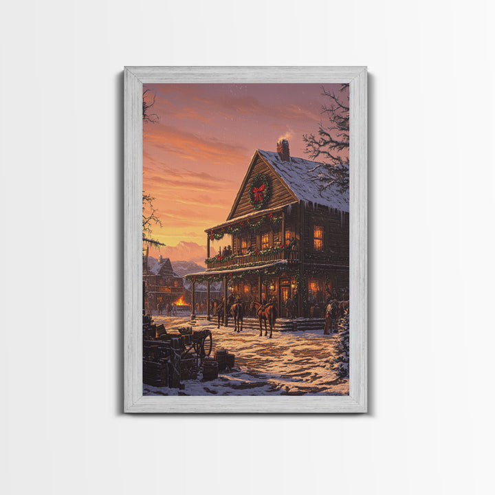 Western Town Christmas Framed Canvas Print Tall Art With Cowboys And Horses, Rustic Christmas Wall Art Home Decor Farmhouse Style