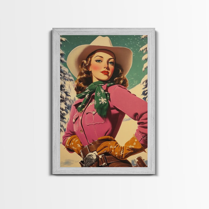 Vintage Christmas framed canvas print stylish winter cowgirl in festive snow perfect retro holiday decor or gift idea for rustic home