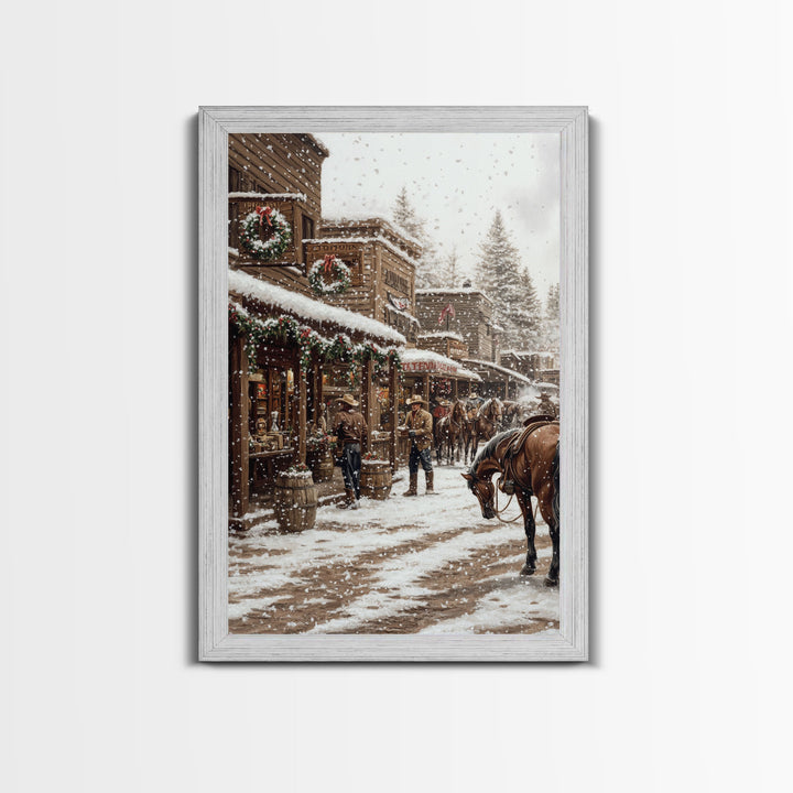 Nostalgic Cowboy Christmas Scene Framed Canvas Print Tall Art With Snowy Western Town, Rustic Wall Art Vintage Christmas Home Decor