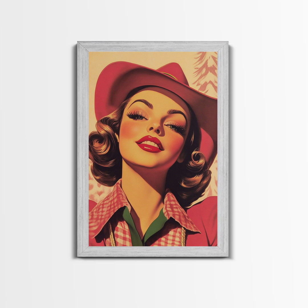 Retro 50s Style Cowgirl Wall Art, Framed Canvas, Vintage Style 50s Art, Fall or Christmas Wall Art