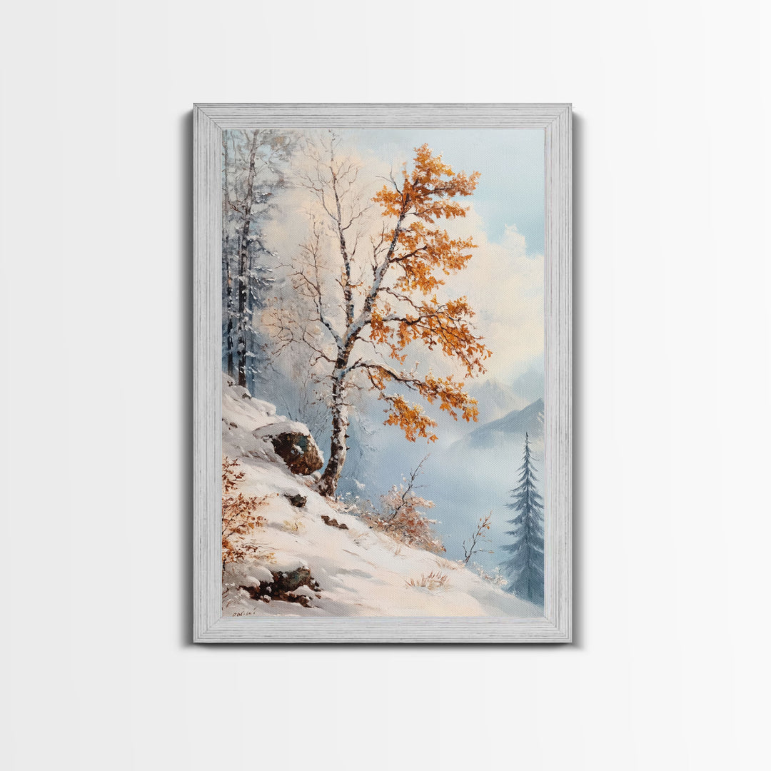 The Tree On The Mountain - Framed Canvas Print - Winter Wonderland Landscape Painting - Tall Christmas Decor