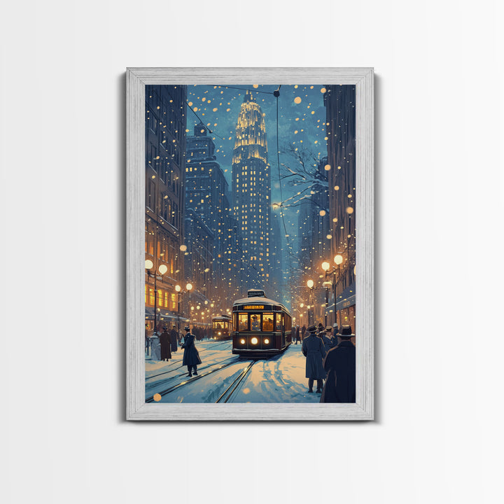 Snowy Winter City Scene Holiday Lights Framed Canvas Print Christmas Wall Art Urban Christmas Decor Holiday Gift Christmas Tree Art Gift