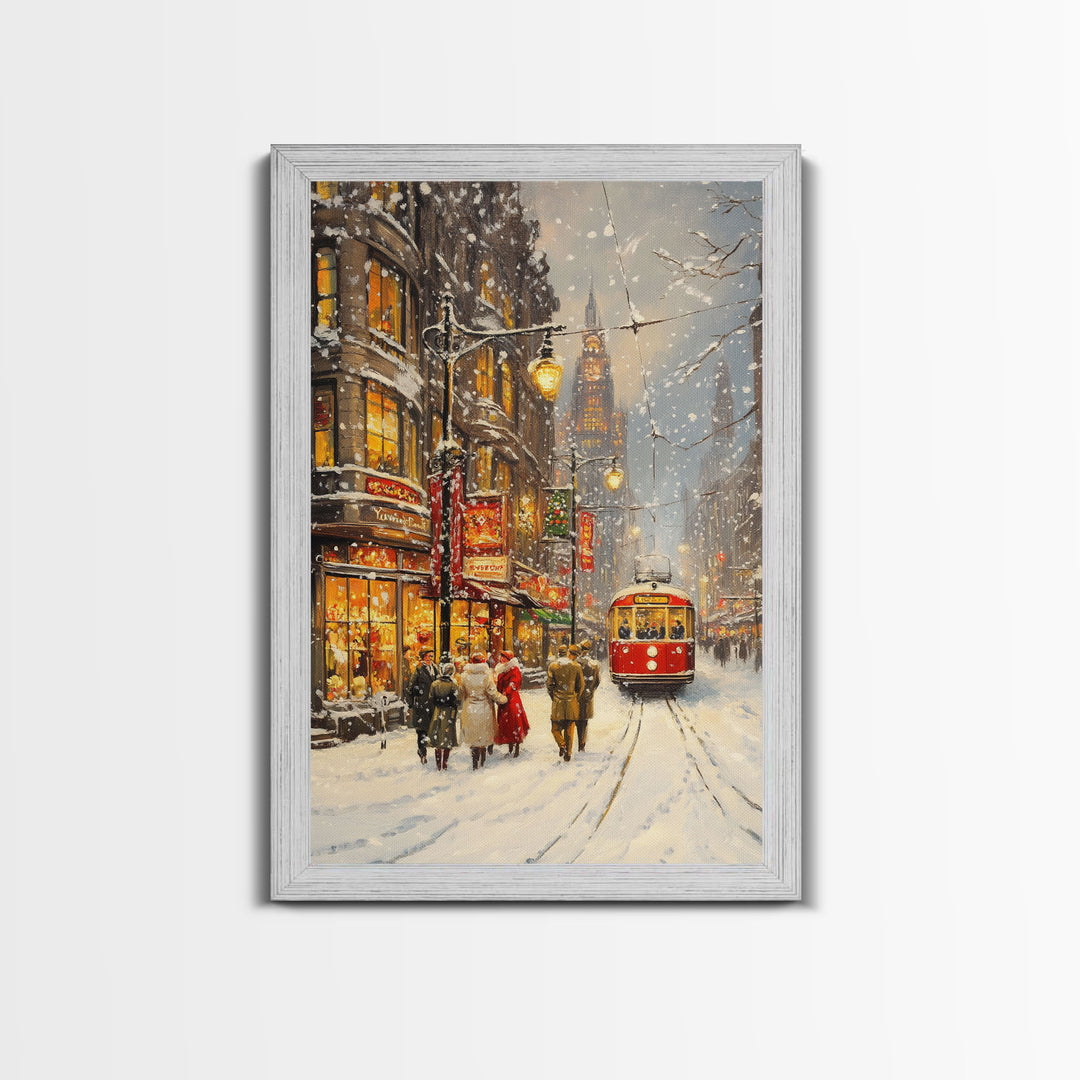 Vintage Snowy Christmas Street Scene With Trolley Framed Canvas Print Holiday Wall Art Retro Christmas Decor Christmas Tree Art Gift Idea