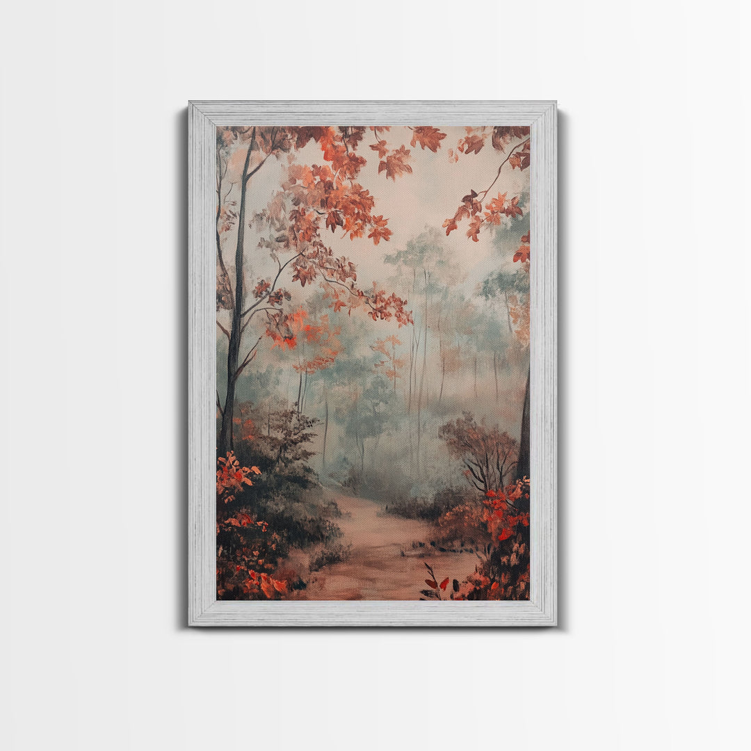 Framed Canvas Print of Autumn Pathway with Red Leaves, Seasonal Wall Art, Best Gift Idea, Modern Farmhouse Fall Decor, Moody Landscape