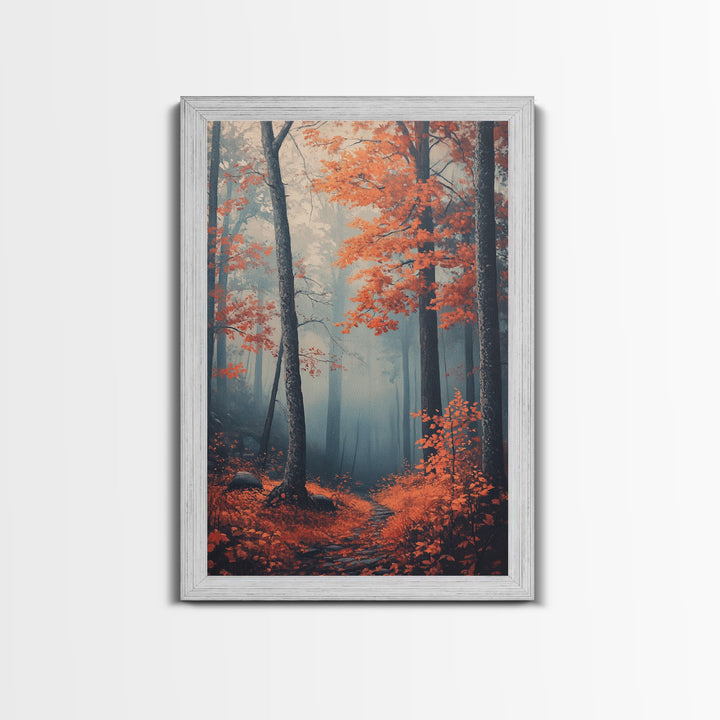 Framed Canvas Print of Misty Autumn Forest with Vibrant Red Leaves, Seasonal Wall Art, Modern Farmhouse, Gift Idea, Fall Landscape Art