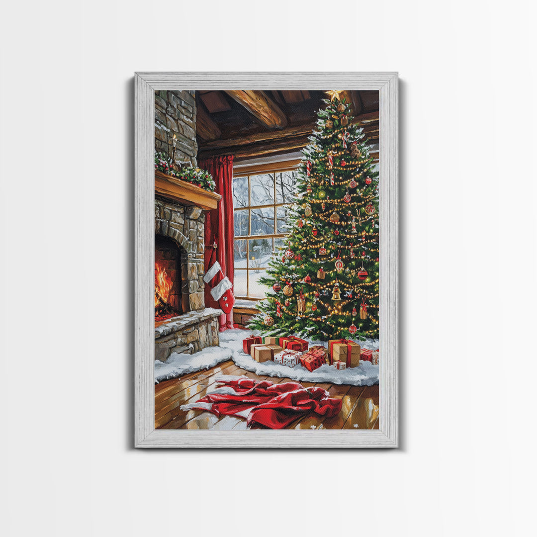 Cozy Cabin Fireplace With Christmas Tree Framed Canvas Print Christmas Wall Art Farmhouse Christmas Decor Holiday Gift Christmas Tree Art