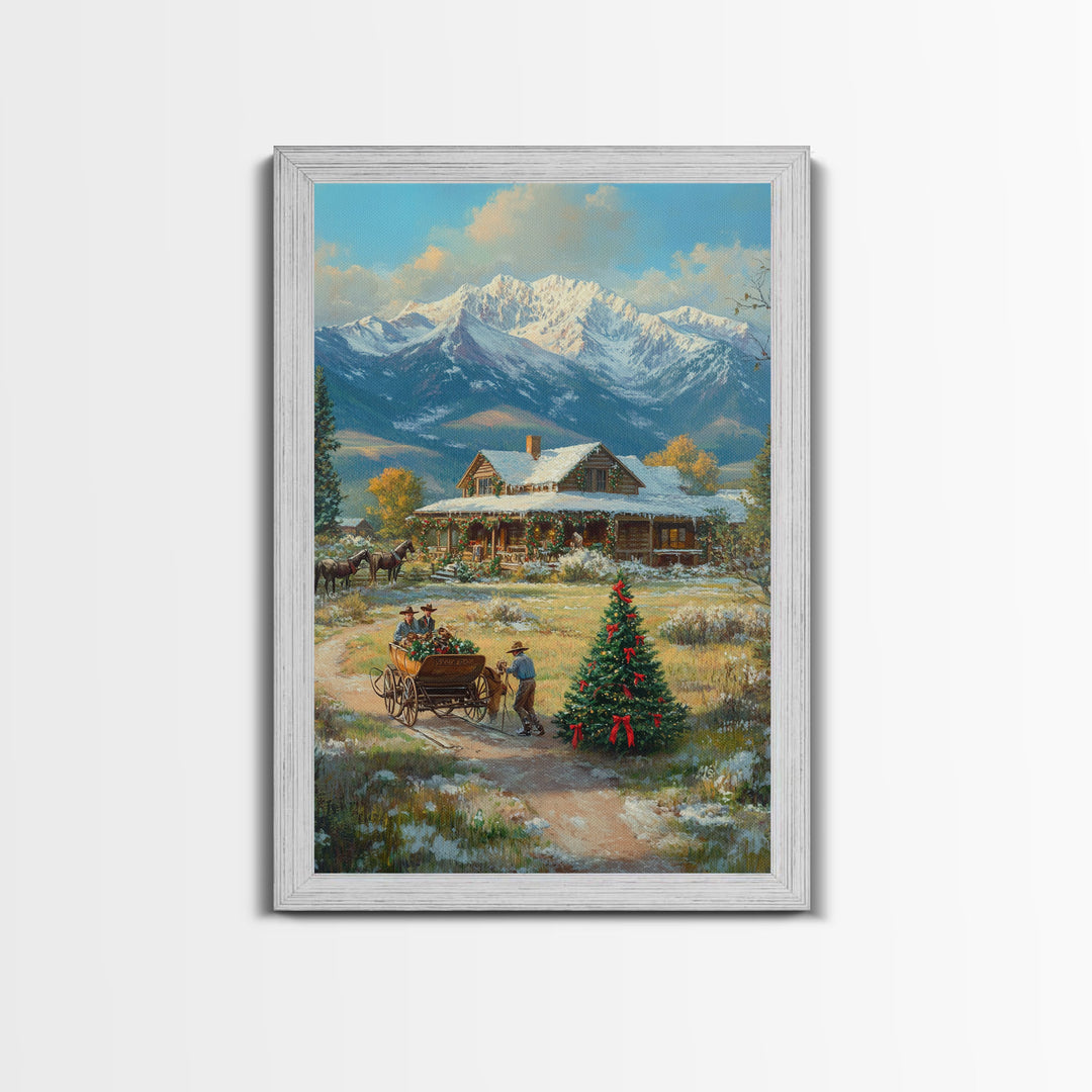 Snowy Mountain Cabin Christmas Tree Scene Framed Canvas Print Christmas Wall Art Holiday Decor Christmas Tree Art Winter Landscape Gift Idea