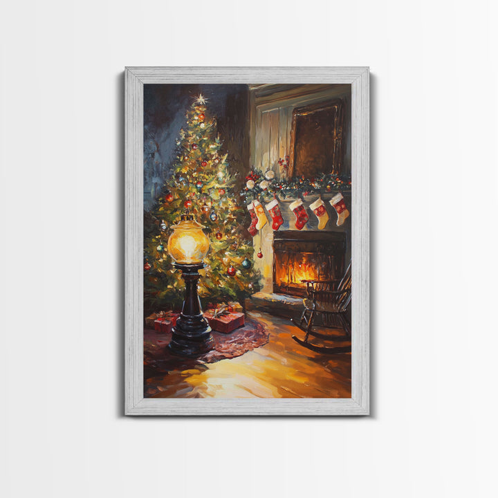 Vintage Christmas Tree And Fireplace Scene Framed Canvas Print Warm Holiday Decor With Stockings And Glowing Lights Christmas Wall Art