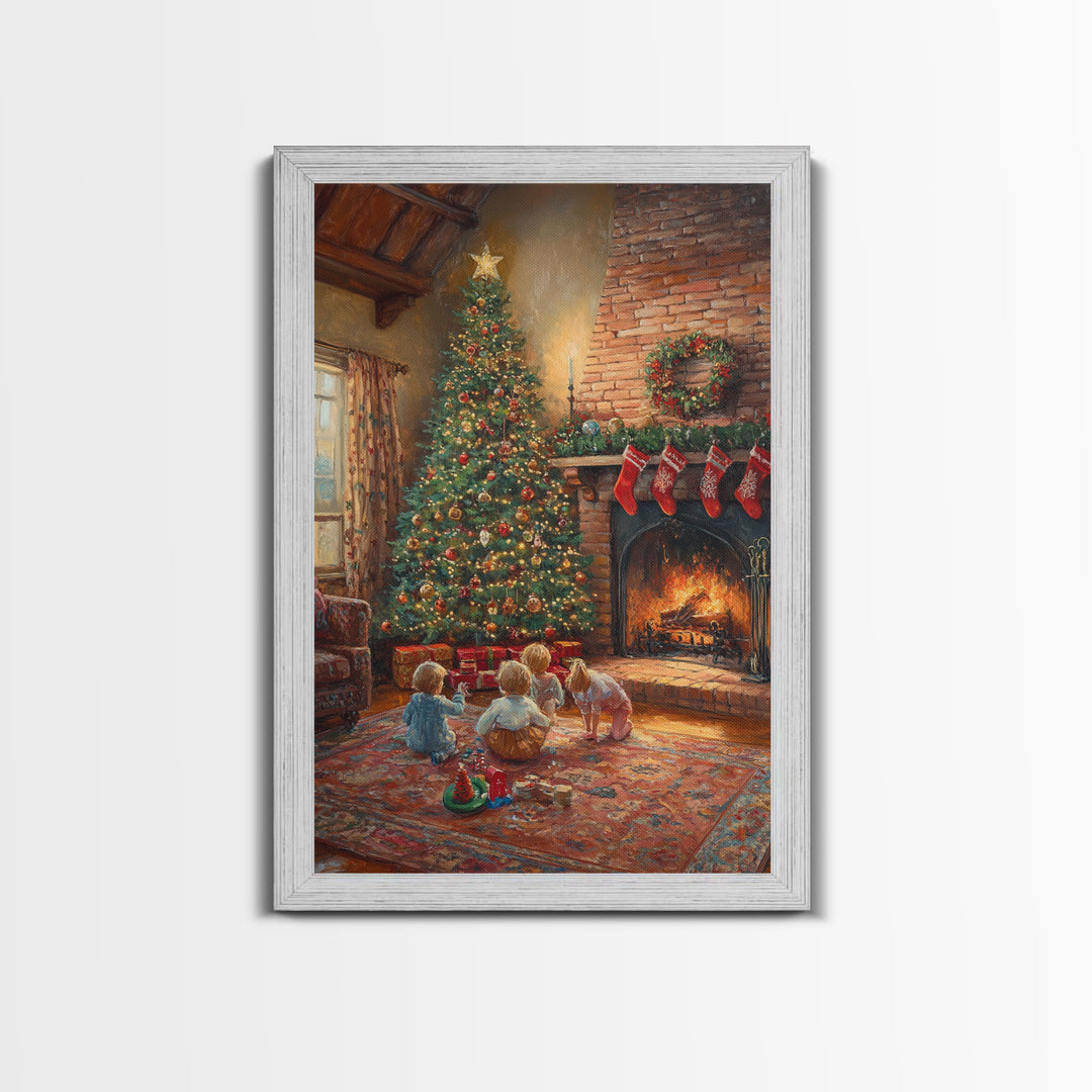 Children By Fireplace And Christmas Tree Framed Canvas Print Cozy Holiday Home Decor With Warm Fire And Festive Decorations Christmas Art