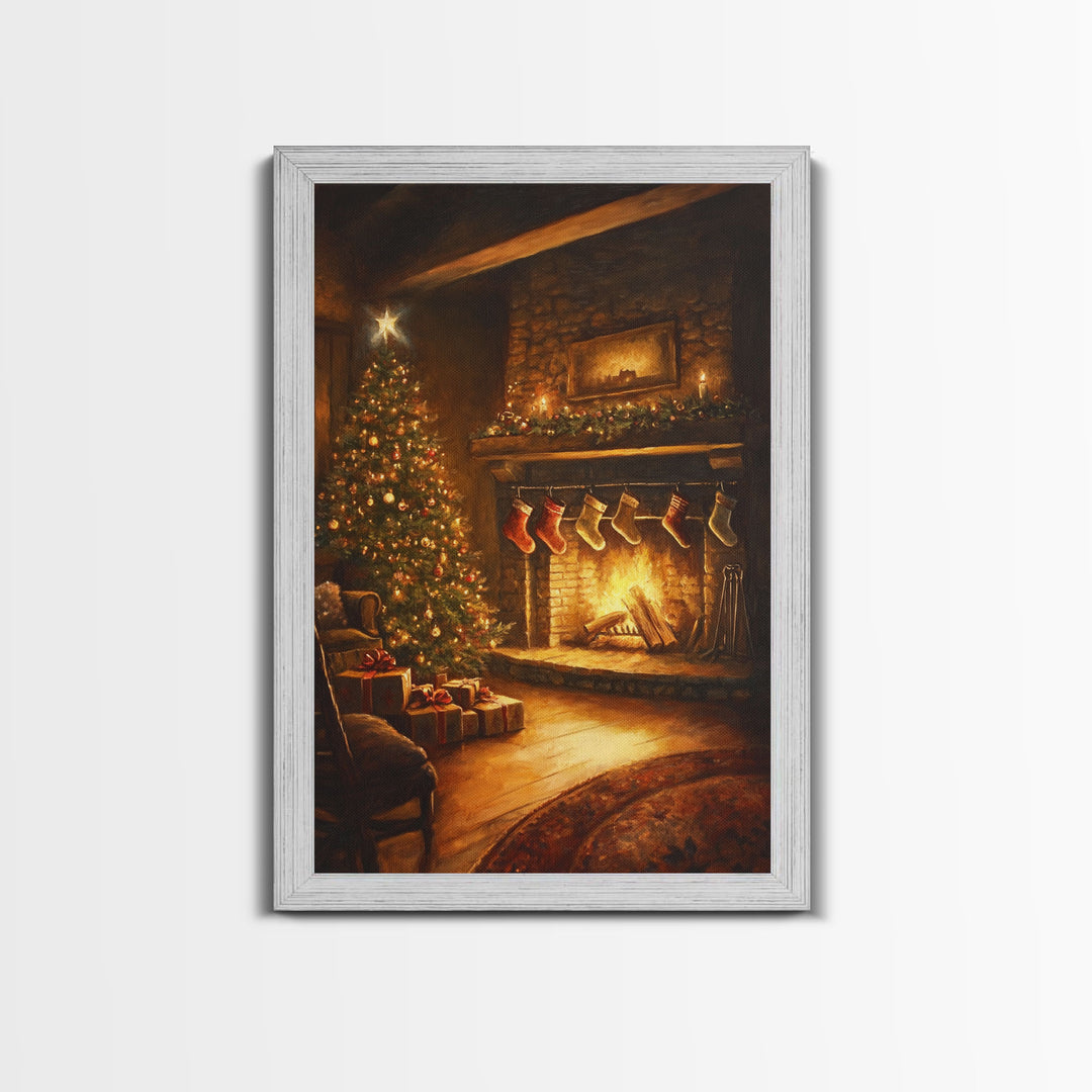 Rustic Cabin Fireplace With Christmas Tree Framed Canvas Print Warm Holiday Decor With Stockings And Christmas Lights Christmas Wall Art