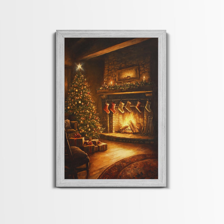 Rustic Cabin Fireplace With Christmas Tree Framed Canvas Print Warm Holiday Decor With Stockings And Christmas Lights Christmas Wall Art