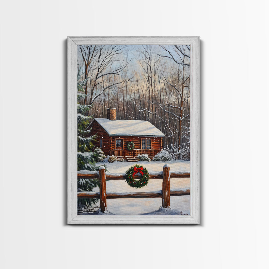 Snowy Log Cabin With Wreath And Fence Framed Canvas Print Rustic Winter Scene With Cozy Cabin In Snow Perfect Christmas Home Decor Wall Art