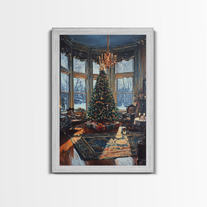 Grand Victorian Christmas Tree In Luxury Room Framed Canvas Print Classic Holiday Home Decor With Snowy Window And Festive Lights Wall Art