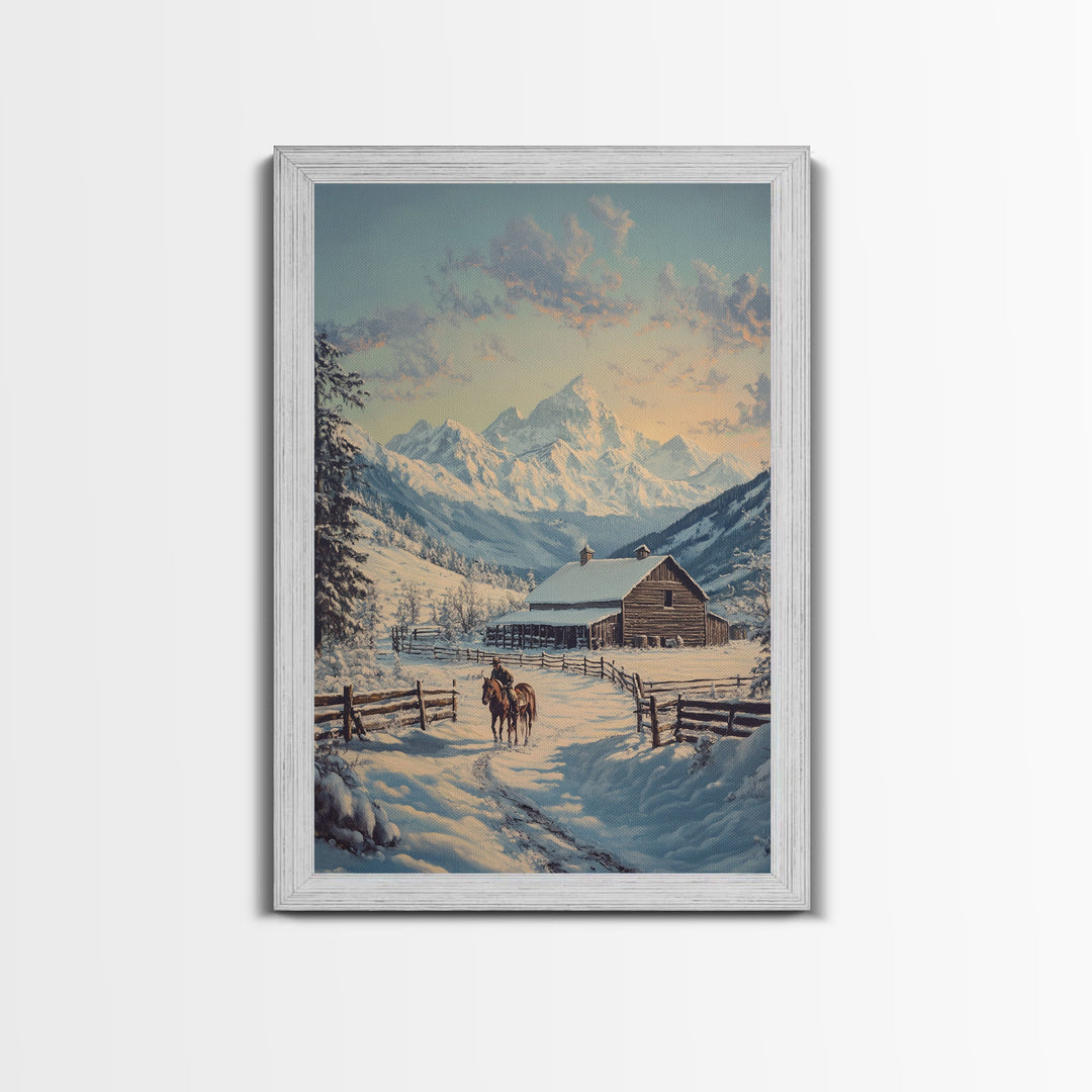 Winter Ranch Scene With Horses Framed Canvas Print Snowy Mountain Landscape Rustic Country Christmas Art Perfect For Farmhouse Wall Decor