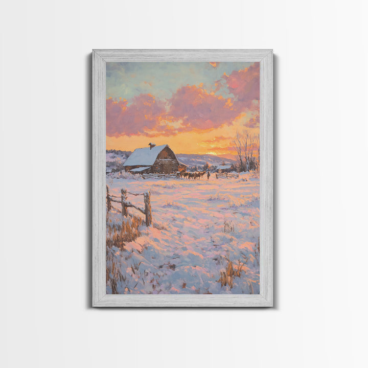 Sunset Over Snowy Ranch Framed Canvas Print Winter Wonderland Scene With Cabin In Snow Christmas Home Decor And Winter Landscape Art