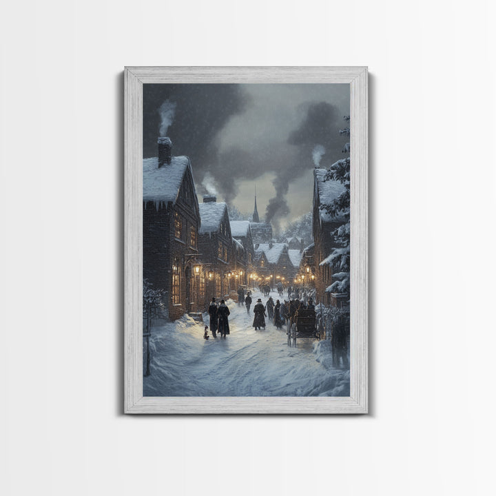 Traditional Victorian Christmas Village in Snow, Classic Christmas Wall Decor for Winter Wonderland Theme, Framed Canvas Print