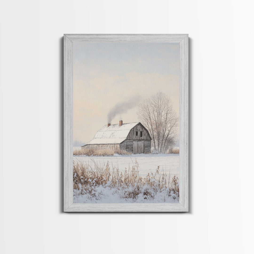 Winter Barn In Snow Framed Canvas Print Wall Art Rustic Winter Decor, Cozy Christmas Home Art, Winter Wonderland Wall Art