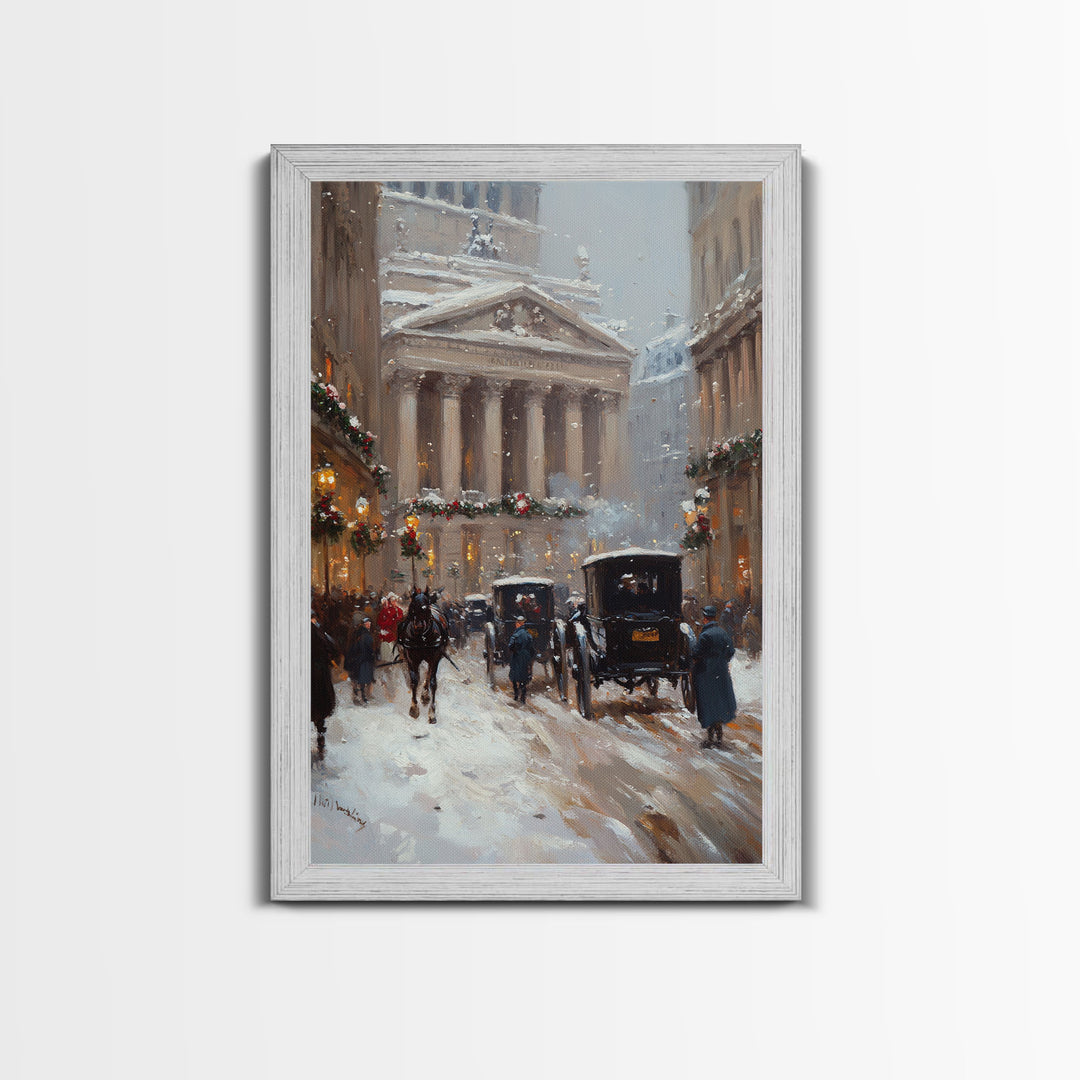 Victorian Winter Street Framed Canvas Print, Nostalgic Snowy City Scene with Horse-Drawn Carriages, Christmas Charm for Holiday Wall Art