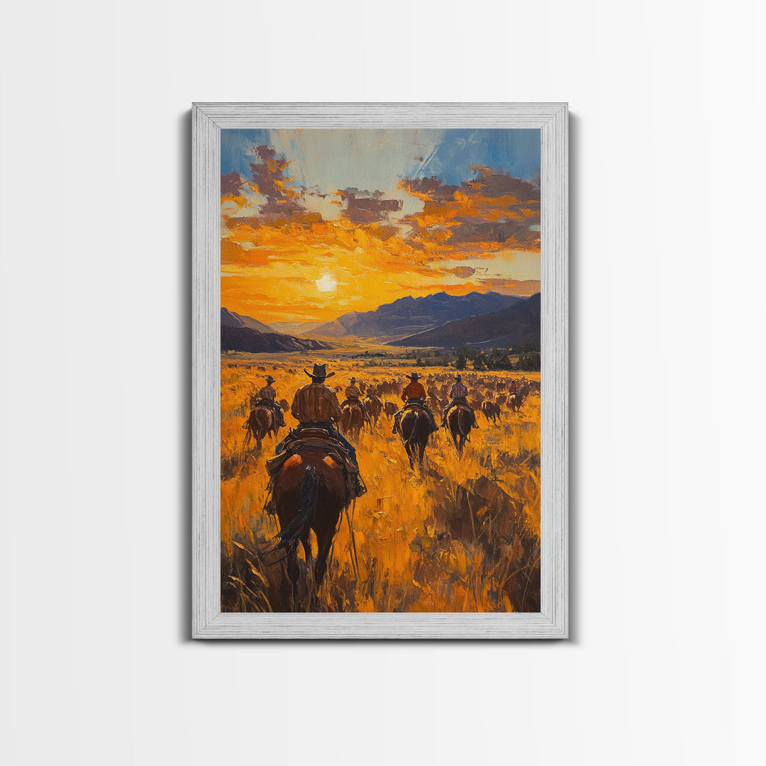 Cowboy Riders at Dusk Framed Canvas Print, Warm Sunset Western Scene with Riders on the Plains, Fall Decor Ranch Homes and Country Wall Art