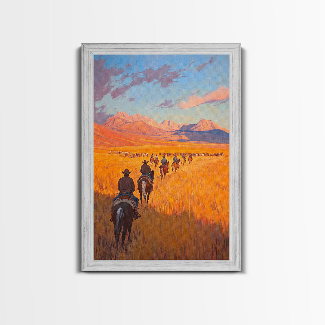 Cowboy Campfire Framed Canvas Print, Evening Gathering with Riders Around Fire, Western Landscape Art for Fall or Winter Home Decor