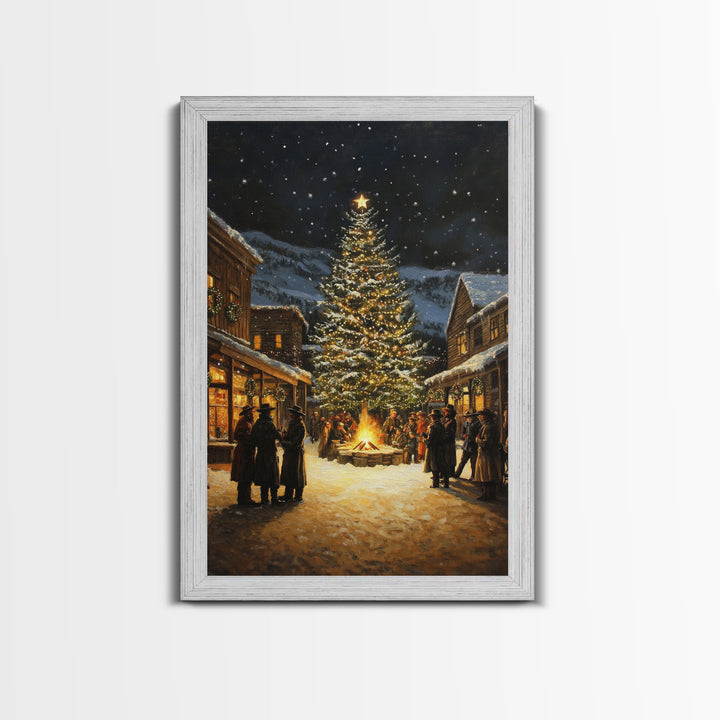 Western Christmas Town Gathering Framed Canvas Print, Cowboy Christmas Eve by the Bonfire Tree, Festive Winter Wall Art Rustic Holiday Decor