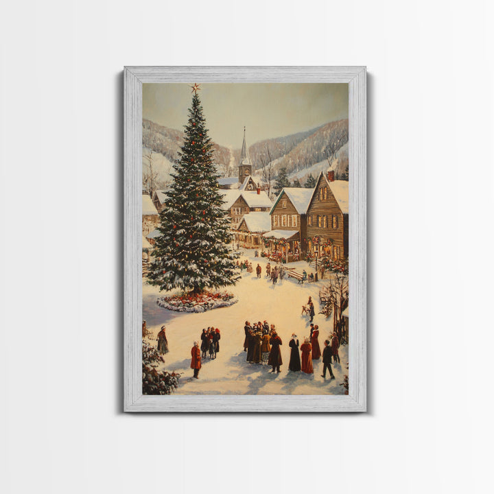 Victorian Christmas Village Framed Canvas Print, Festive Winter Scene Large Christmas Tree, Wall Art for Vintage Country or Farmhouse Decor