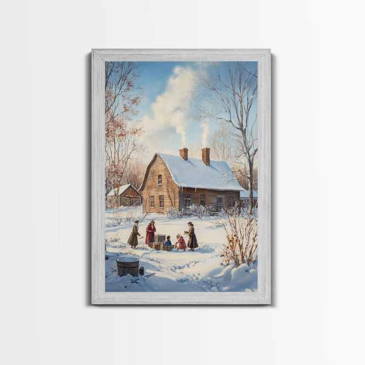 Snowy Country Homestead Framed Canvas Print, Winter Family Gathering Outside Farmhouse, Rustic Christmas Wall Art Holiday Seasonal Decor