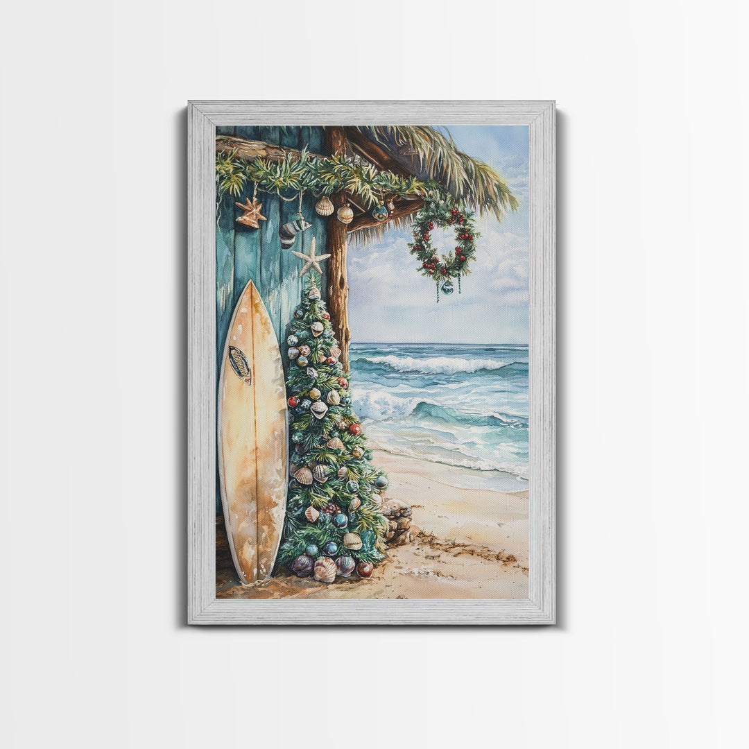 Surf Shack Christmas Framed Canvas Print, Beachfront Holiday Scene with Decorated Tree Surfboard, Coastal Wall Art Tropical Christmas Decor