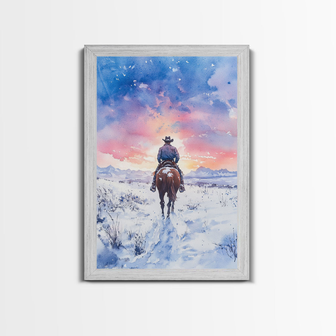 Cowboy riding through snowy sunset, Framed Canvas Print, winter landscape wall art, western decor for above sofa, rustic holiday decor