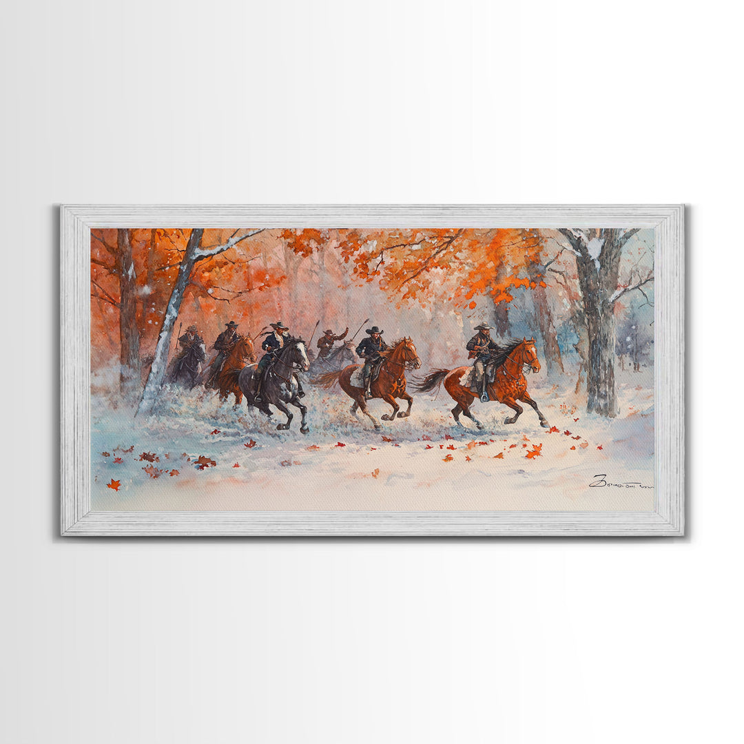 Framed Canvas Print Fall Forest Cowboys in Vibrant Autumn Colors, Perfect Autumn Wall Art, Rustic Home Decor, and Seasonal Cowboy Art