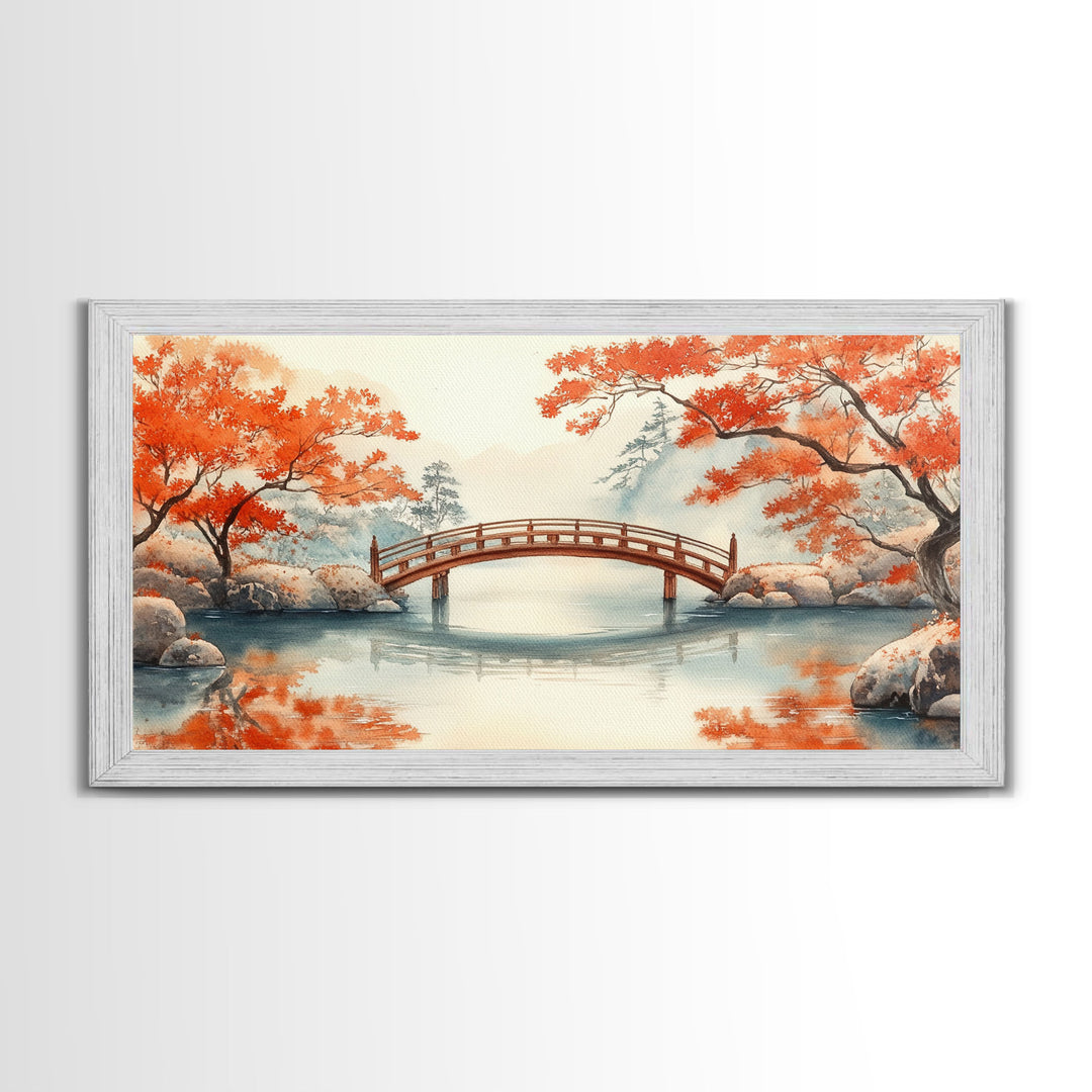 Tranquil Japanese Autumn Bridge Framed Canvas Print Fall Nature Scene Art Minimalist Wall Decor Seasonal Holiday Gift Idea 2024